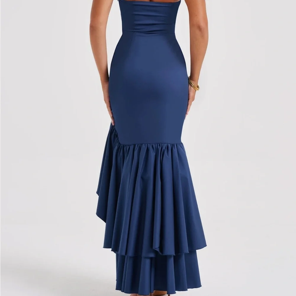 Strapless Navy Ruffled High-Low Evening Dress - Picture 3 of 3